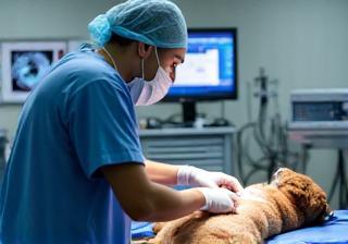 Chirurgien vétérinaire opérant un chien